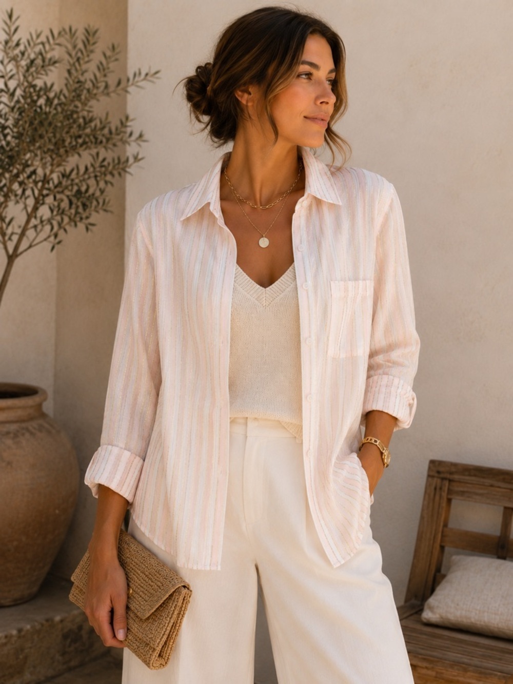 Michael Kors Metallic Stripe Button Front Blouse Pink White High-Low Hem Medium